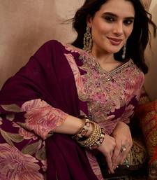 Women purple silk blend floral embroidered straight kurta trousers with dupatta