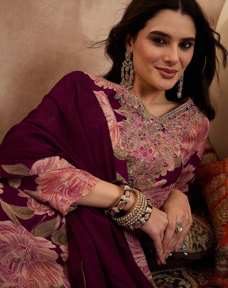 Women purple silk blend floral embroidered straight kurta trousers with dupatta