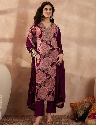 Women purple silk blend floral embroidered straight kurta trousers with dupatta 1