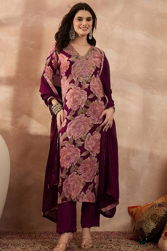 Women purple silk blend floral embroidered straight kurta trousers with dupatta