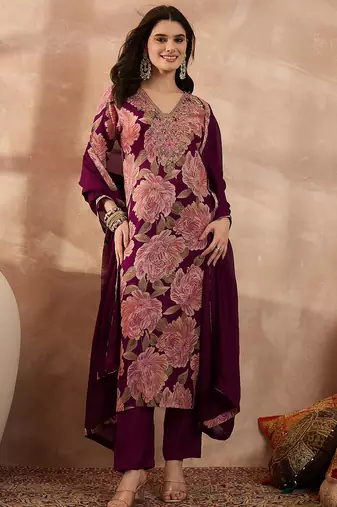Women purple silk blend floral embroidered straight kurta trousers with dupatta