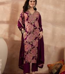 Women purple silk blend floral embroidered straight kurta trousers with dupatta