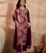 Women purple silk blend floral embroidered straight kurta trousers with dupatta
