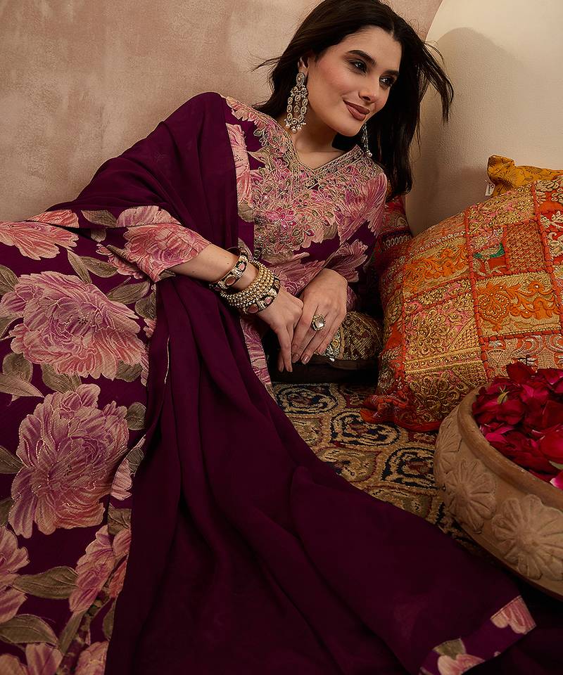 Women purple silk blend floral embroidered straight kurta trousers with dupatta