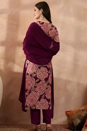 Women purple silk blend floral embroidered straight kurta trousers with dupatta