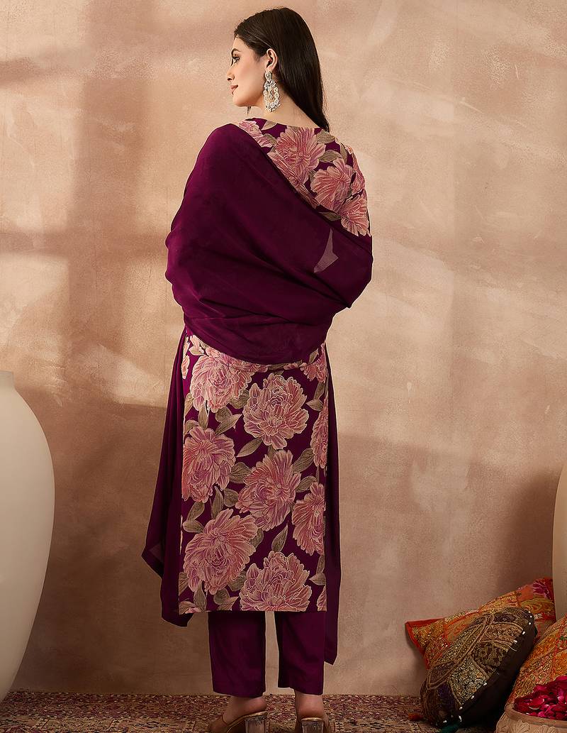 Women purple silk blend floral embroidered straight kurta trousers with dupatta