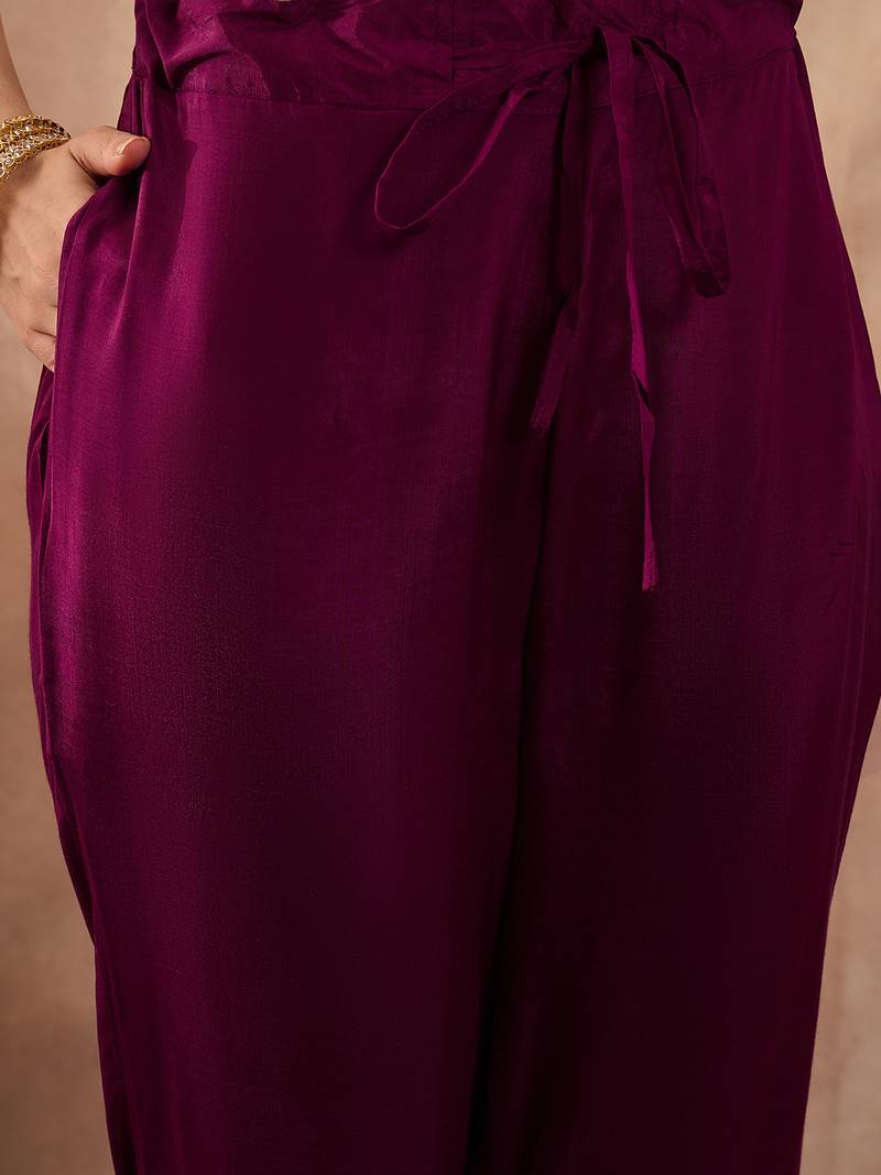 Women purple silk blend floral embroidered straight kurta trousers with dupatta