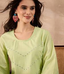 Women green pure cotton embroidered scalloped coord sets