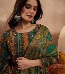 Women green viscose rayon solid embroidered straight kurta trousers with dupatta