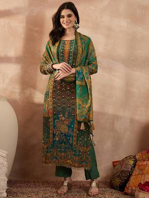 Women green viscose rayon solid embroidered straight kurta trousers with dupatta 1