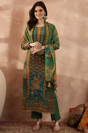 Women green viscose rayon solid embroidered straight kurta trousers with dupatta