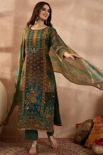 Women green viscose rayon solid embroidered straight kurta trousers with dupatta