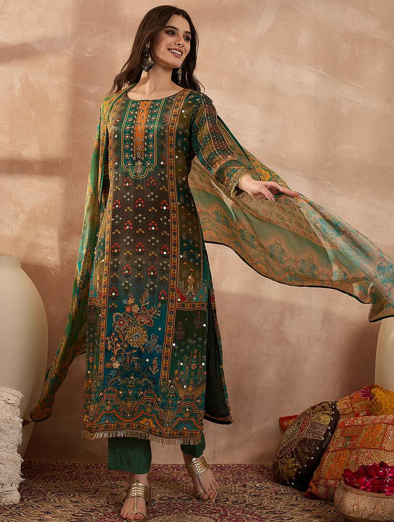 Women green viscose rayon solid embroidered straight kurta trousers with dupatta