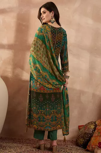 Women green viscose rayon solid embroidered straight kurta trousers with dupatta