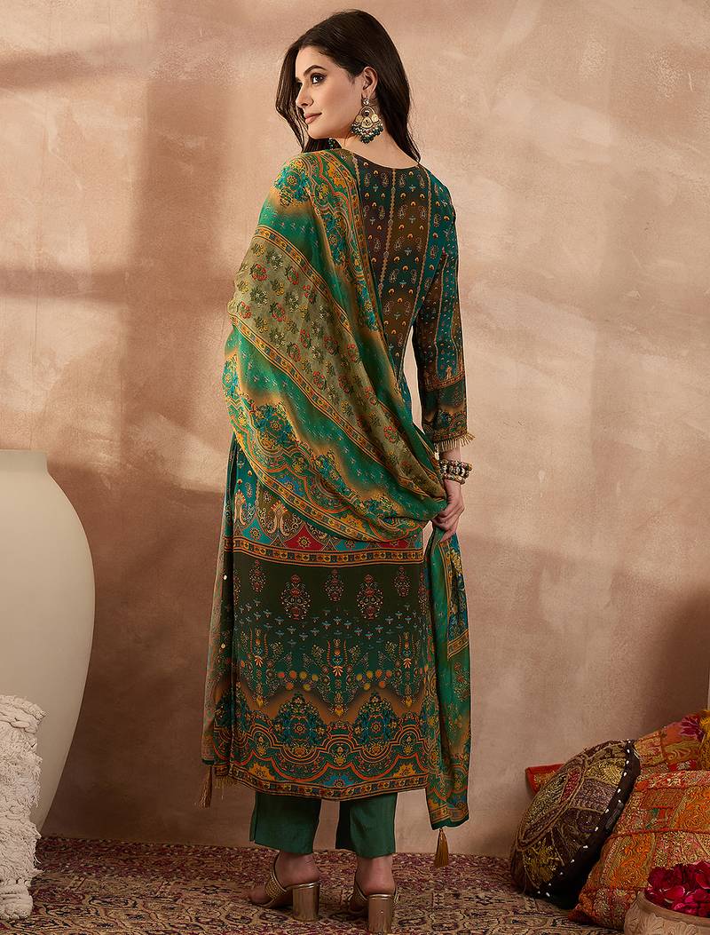 Women green viscose rayon solid embroidered straight kurta trousers with dupatta