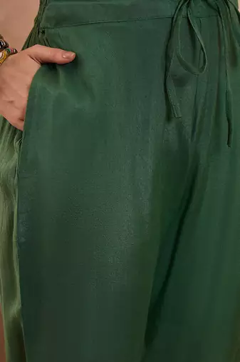 Women green viscose rayon solid embroidered straight kurta trousers with dupatta