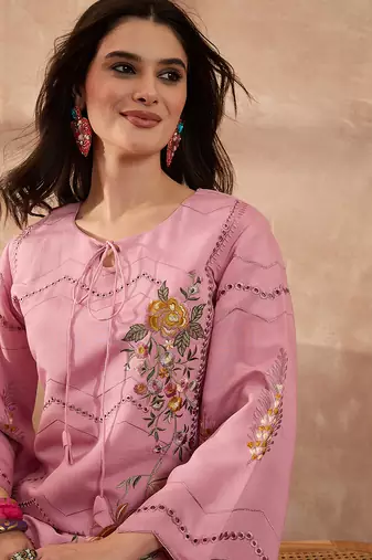 Women pink silk blend embroidered straight coord sets