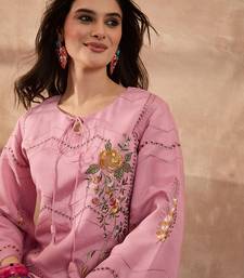 Women pink silk blend embroidered straight coord sets