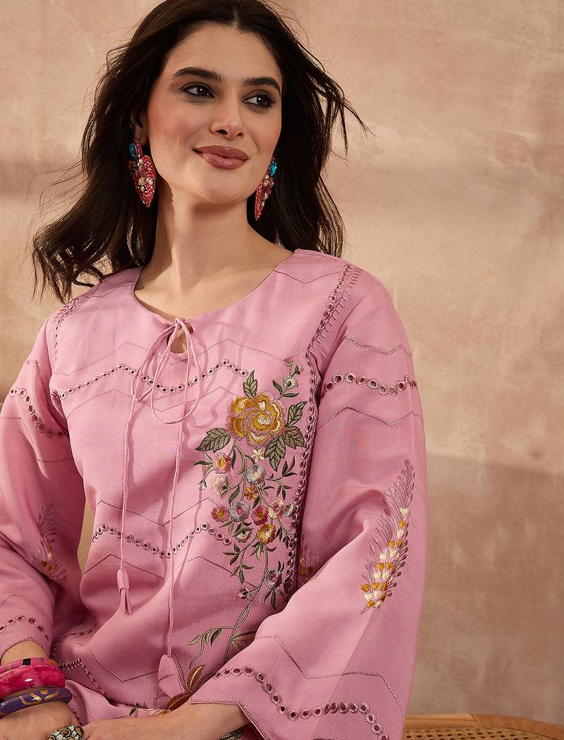 Women pink silk blend embroidered straight coord sets