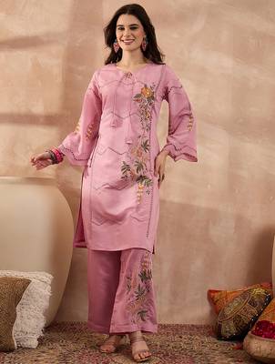Women pink silk blend embroidered straight coord sets 3