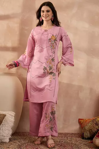 Women pink silk blend embroidered straight coord sets