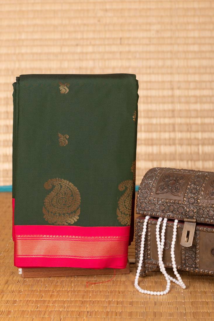 Bottle green and rani pink small border silk saree