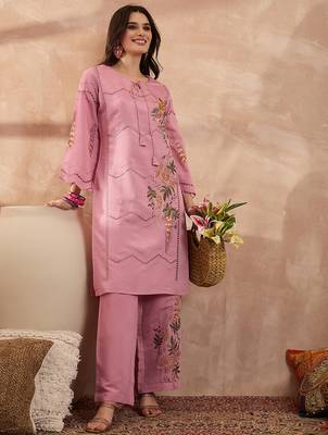 Women pink silk blend embroidered straight coord sets 1