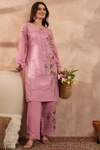 Women pink silk blend embroidered straight coord sets