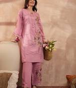 Women pink silk blend embroidered straight coord sets