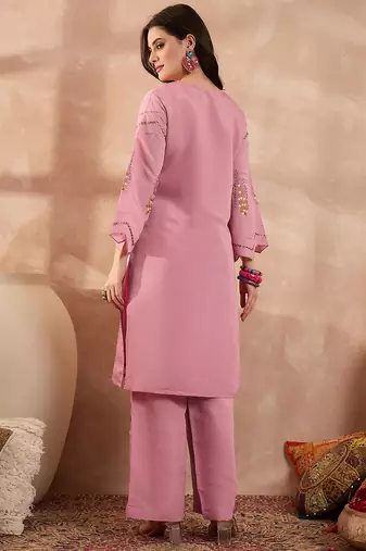 Women pink silk blend embroidered straight coord sets