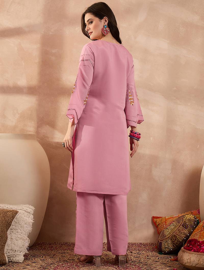 Women pink silk blend embroidered straight coord sets