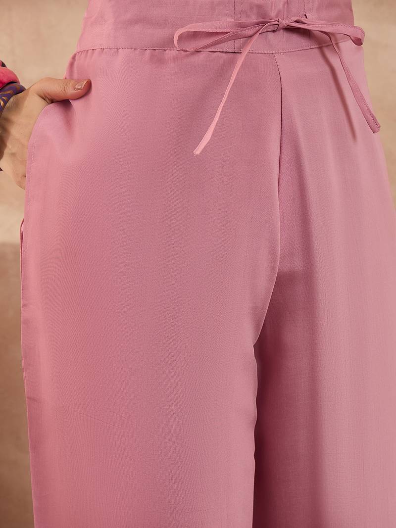 Women pink silk blend embroidered straight coord sets