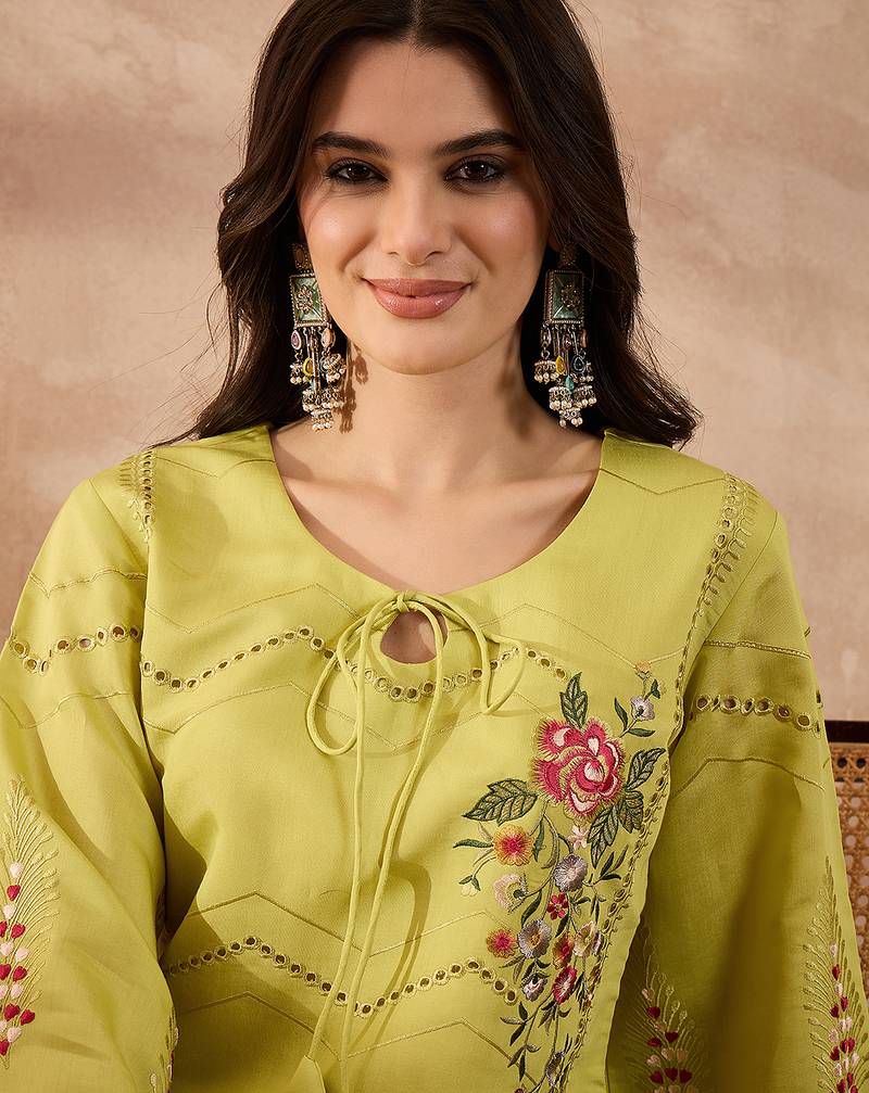 Women green silk blend embroidered straight coord sets