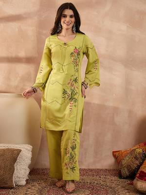 Women green silk blend embroidered straight coord sets 1