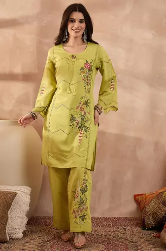Women green silk blend embroidered straight coord sets
