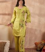 Women green silk blend embroidered straight coord sets