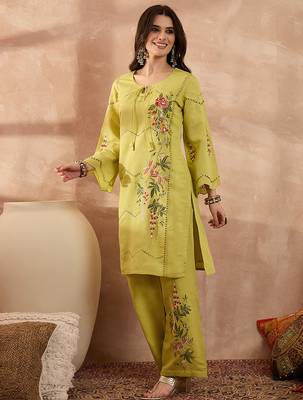 Women green silk blend embroidered straight coord sets 3