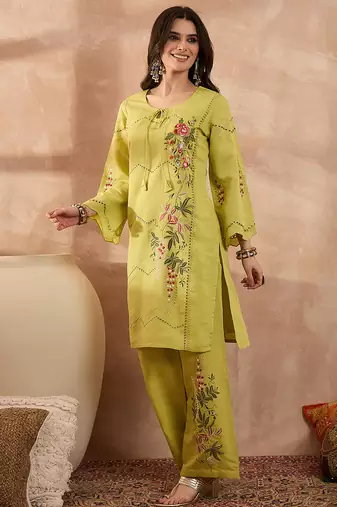 Women green silk blend embroidered straight coord sets