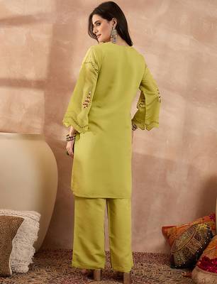 Women green silk blend embroidered straight coord sets 4
