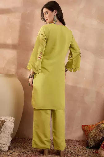 Women green silk blend embroidered straight coord sets