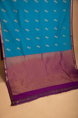 Peacock blue and purple small border silk saree 2