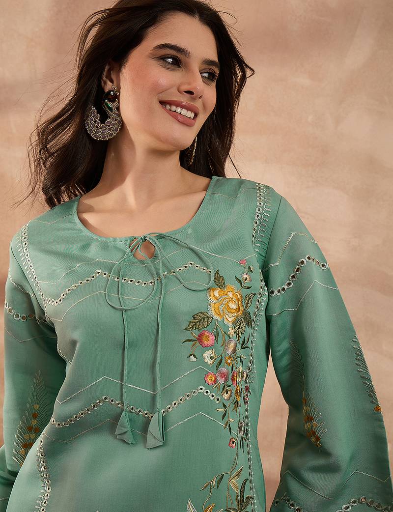 Women blue silk blend embroidered straight coord sets