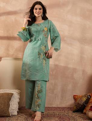 Women blue silk blend embroidered straight coord sets 1