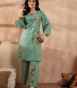Women blue silk blend embroidered straight coord sets