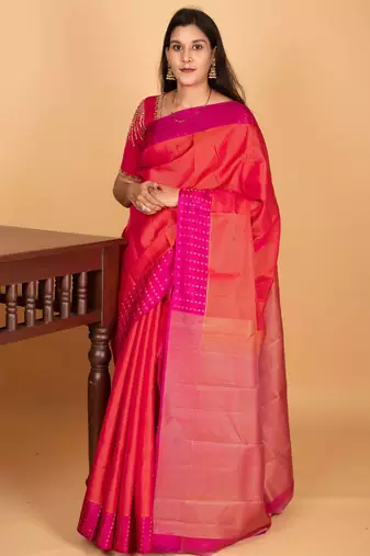 Dual tone orange and rani pink zari striped pure kanchi silk saree