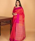Dual tone orange and rani pink zari striped pure kanchi silk saree