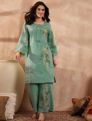 Women blue silk blend embroidered straight coord sets 3