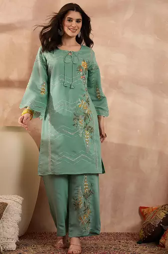 Women blue silk blend embroidered straight coord sets