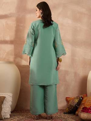 Women blue silk blend embroidered straight coord sets 4
