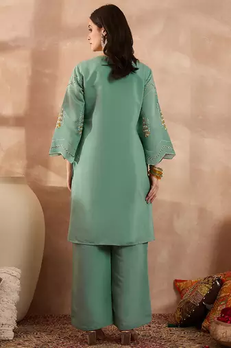 Women blue silk blend embroidered straight coord sets